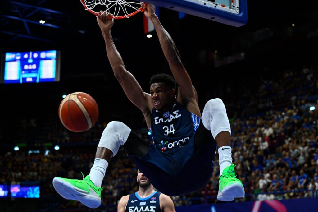 MILAN, ITALY - SEPTEMBER 08: Giannis Antetokounmpo of Greece in action during the FIBA EuroBasket 2022 group C match between Estonia and Greece at Forum di Assago on September 08, 2022 in Milan, Italy. (Photo by Mattia Ozbot/Getty Images)
